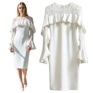 Betsy & Adam Lace Ruffle Sheath Dress White Bridal Cocktail 2